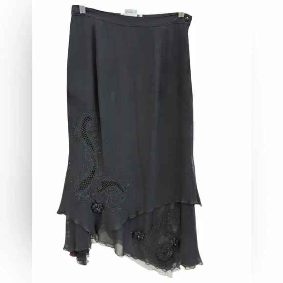 Vintage Vera Cristina Black Embellished Layered Silk Midi Skirt Evening Style - Picture 1 of 10